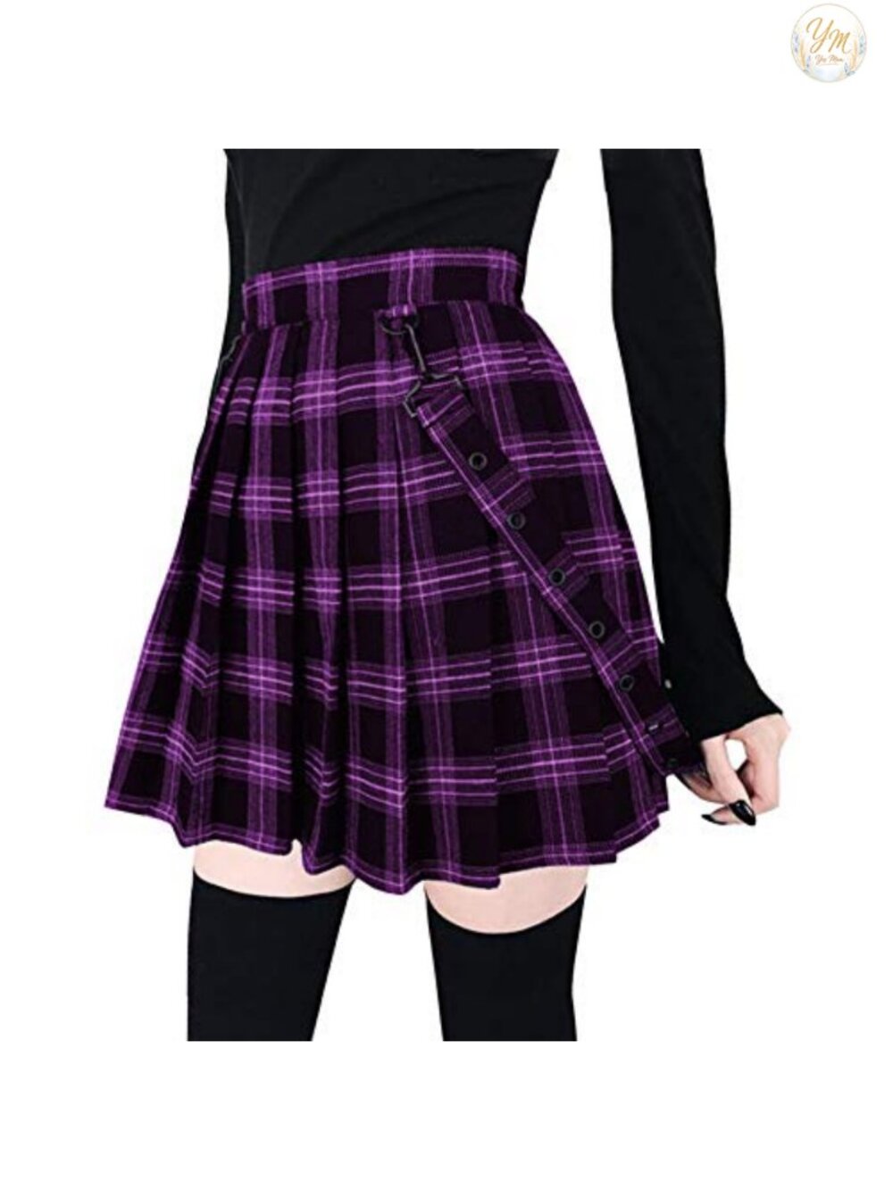 A-Line Plaid Pleated Mini Skirt with Decorative Strap